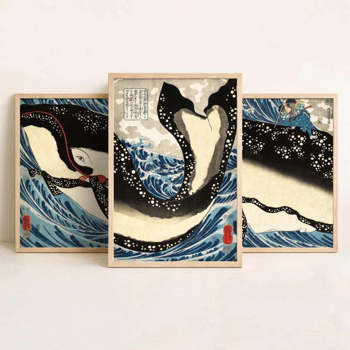 Miyamoto Musashi Attacking a Giant Whale Set of Three Art Prints - Kuniyoshi Samurai Triptych - Japanese Woodcut Poster