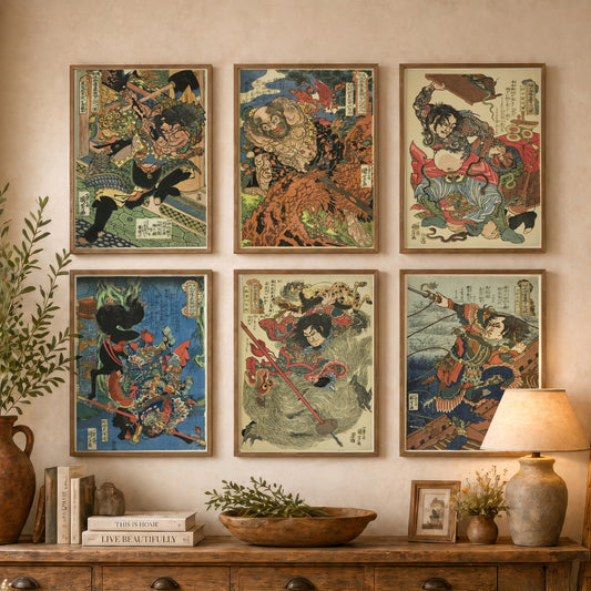 Set of Six Utagawa Kuniyoshi Warrior Art Prints - 6 Japanese Woodcut Posters - Water Margin Heroes, Samurai Battle, Tattooed Warriors