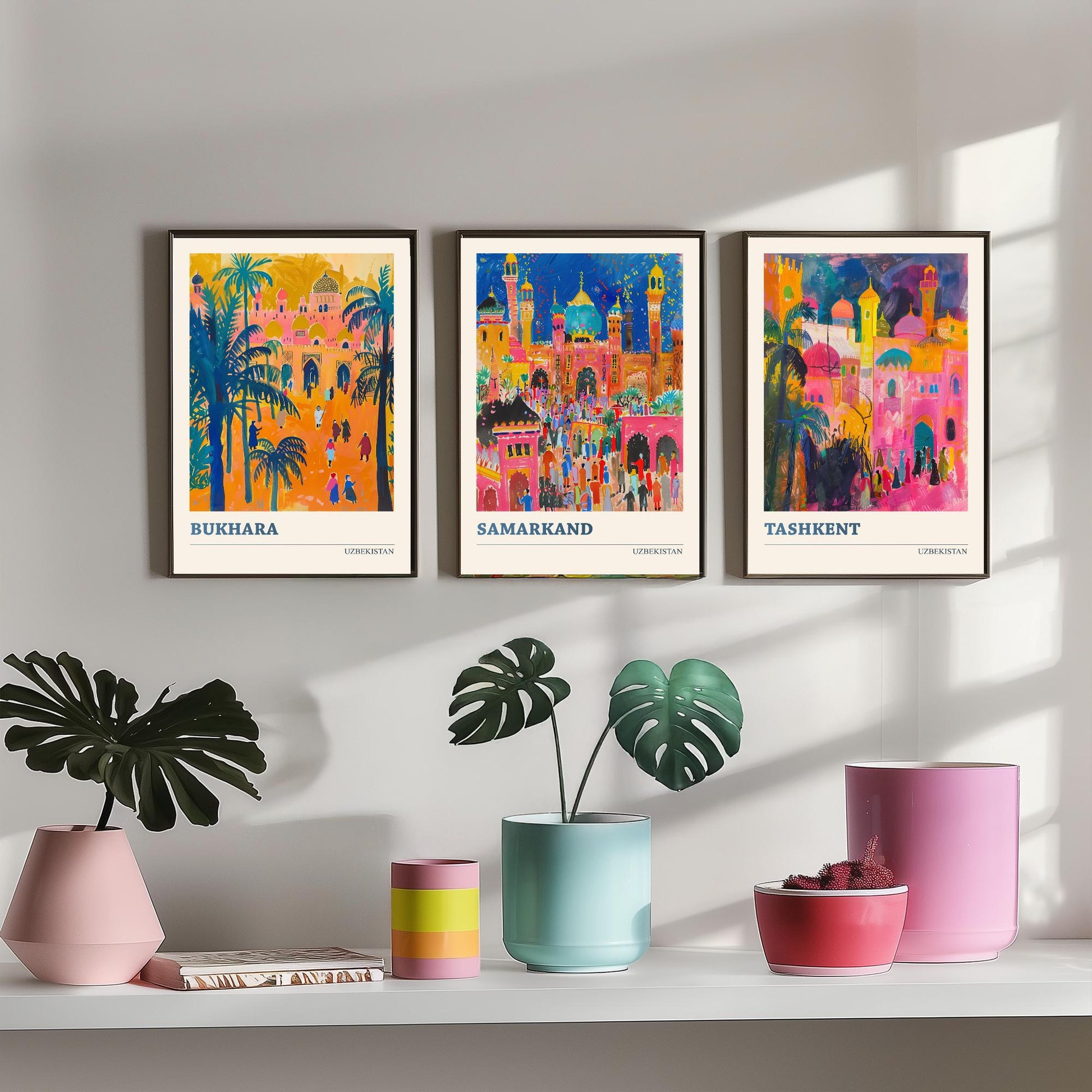 Uzbekistan Bukhara Samarkand Tashkent Set of Three Art Prints | Silk Road Cities Poster | Vibrant Illustration Wall Decor