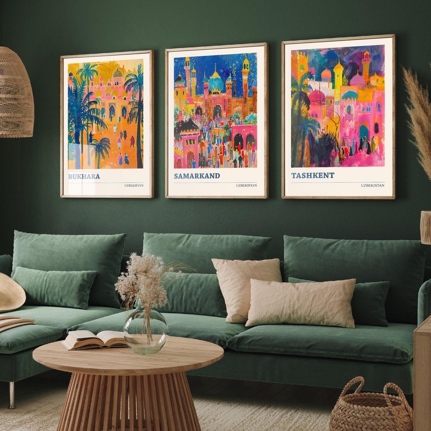 Uzbekistan Bukhara Samarkand Tashkent Set of Three Art Prints | Silk Road Cities Poster | Vibrant Illustration Wall Decor