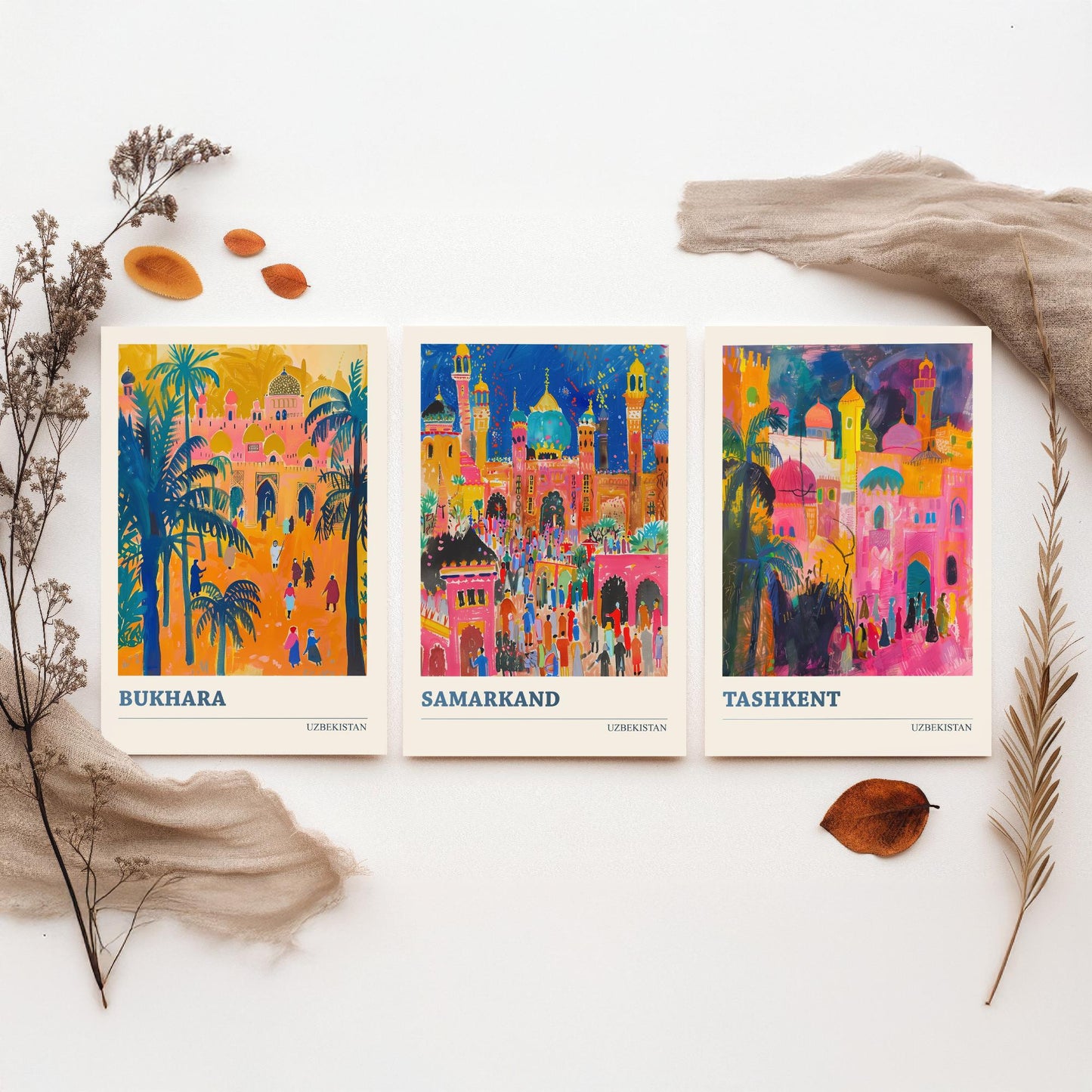 Uzbekistan Bukhara Samarkand Tashkent Set of Three Art Prints | Silk Road Cities Poster | Vibrant Illustration Wall Decor