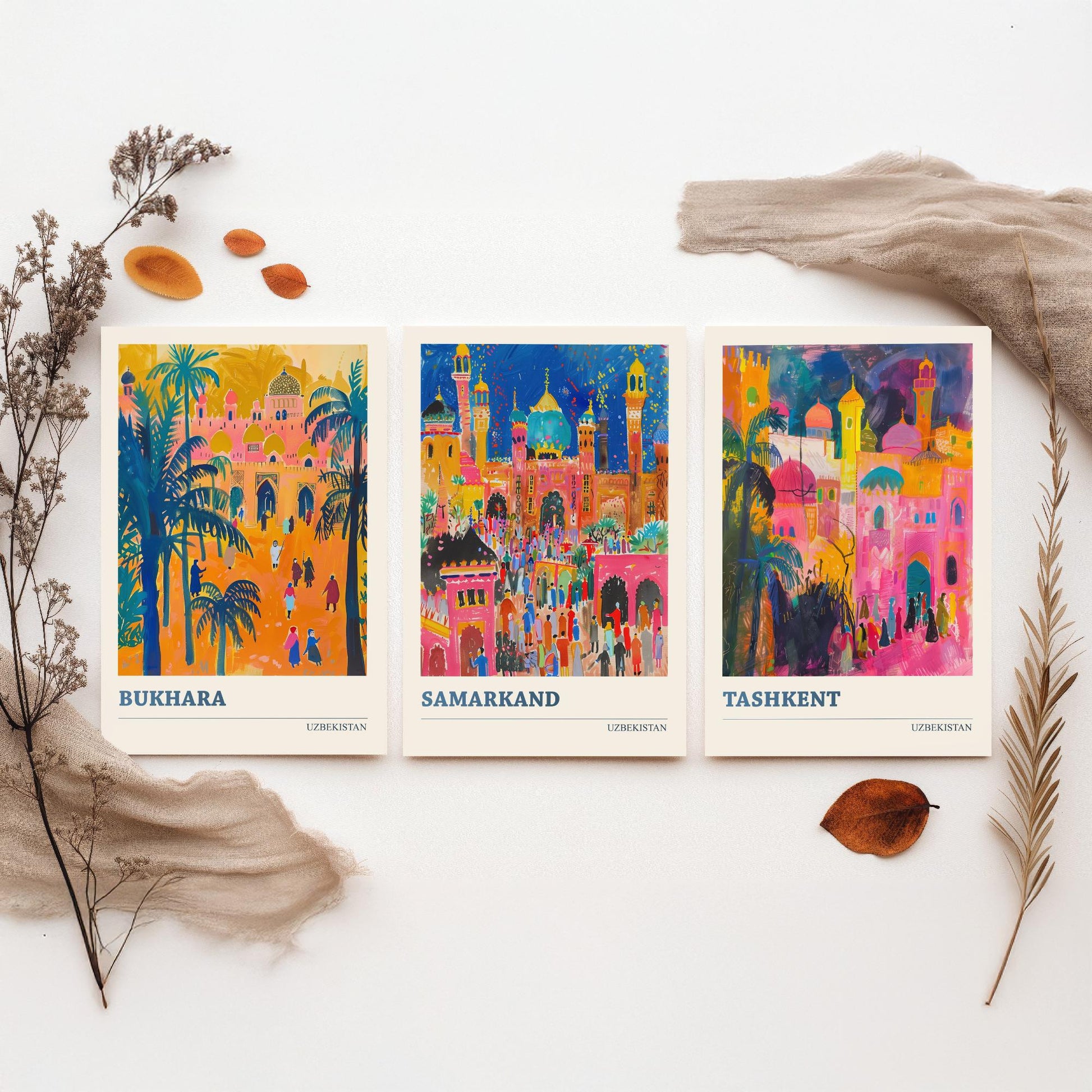 Uzbekistan Bukhara Samarkand Tashkent Set of Three Art Prints | Silk Road Cities Poster | Vibrant Illustration Wall Decor