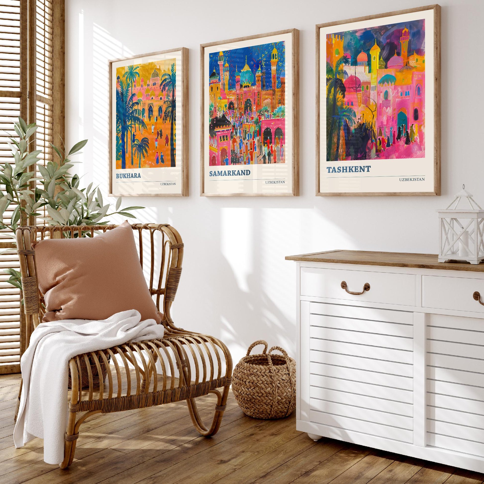 Uzbekistan Bukhara Samarkand Tashkent Set of Three Art Prints | Silk Road Cities Poster | Vibrant Illustration Wall Decor