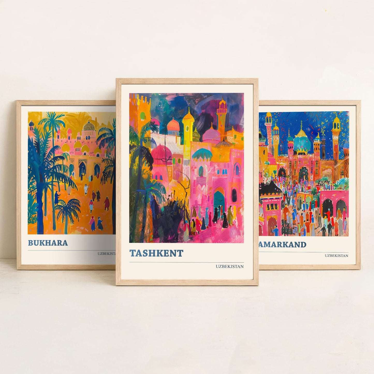 Uzbekistan Bukhara Samarkand Tashkent Set of Three Art Prints | Silk Road Cities Poster | Vibrant Illustration Wall Decor