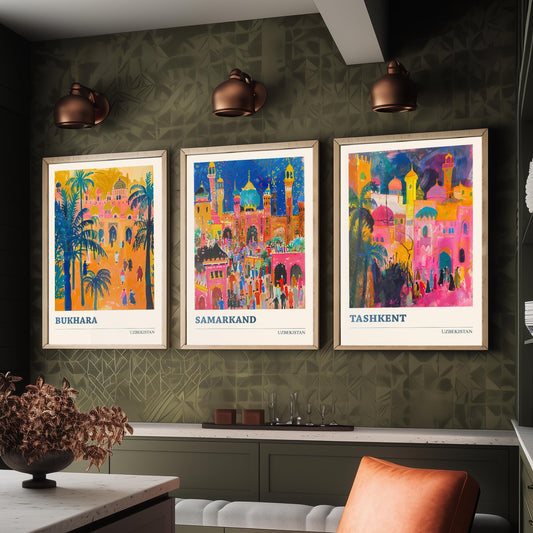 Uzbekistan Bukhara Samarkand Tashkent Set of Three Art Prints | Silk Road Cities Poster | Vibrant Illustration Wall Decor