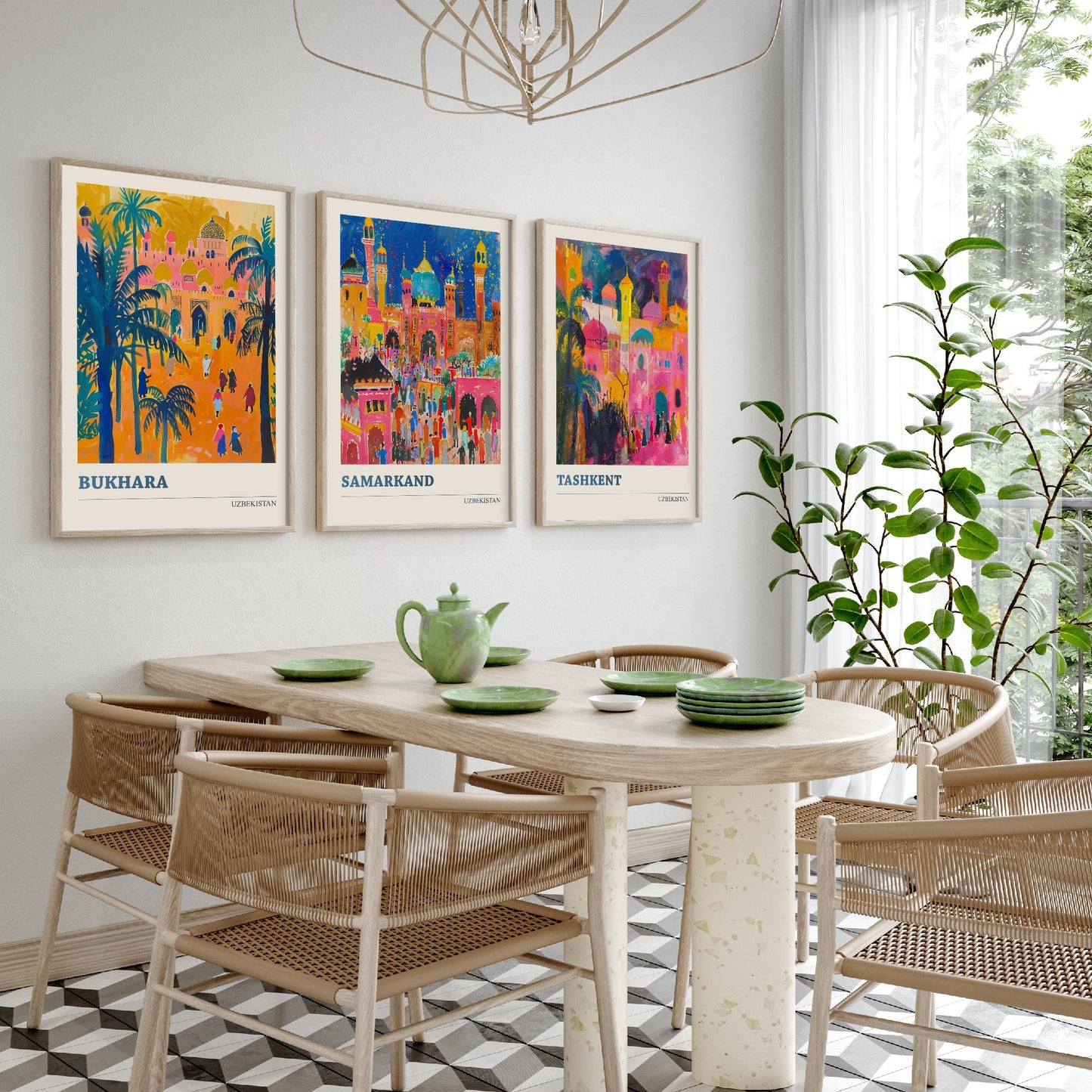 Uzbekistan Bukhara Samarkand Tashkent Set of Three Art Prints | Silk Road Cities Poster | Vibrant Illustration Wall Decor
