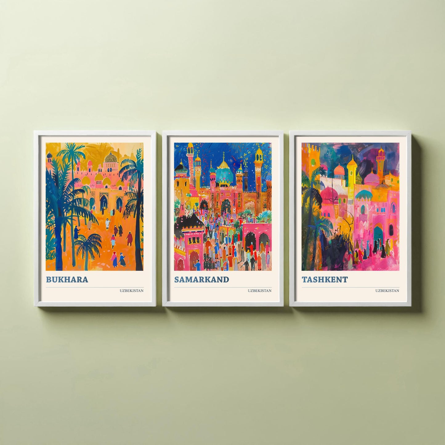 Uzbekistan Bukhara Samarkand Tashkent Set of Three Art Prints | Silk Road Cities Poster | Vibrant Illustration Wall Decor