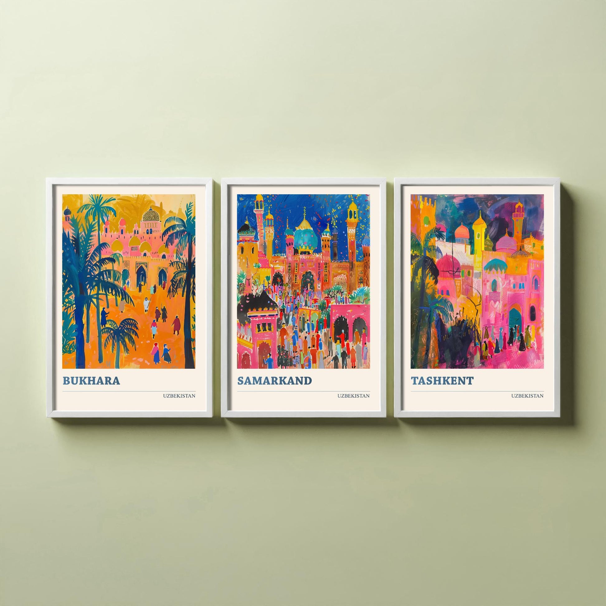 Uzbekistan Bukhara Samarkand Tashkent Set of Three Art Prints | Silk Road Cities Poster | Vibrant Illustration Wall Decor