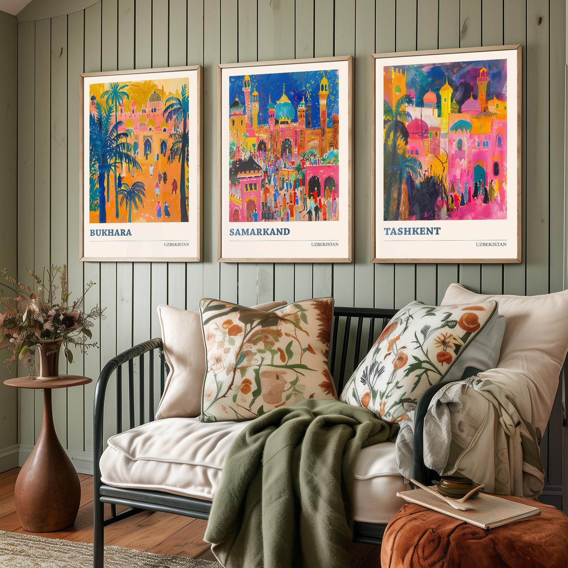 Uzbekistan Bukhara Samarkand Tashkent Set of Three Art Prints | Silk Road Cities Poster | Vibrant Illustration Wall Decor