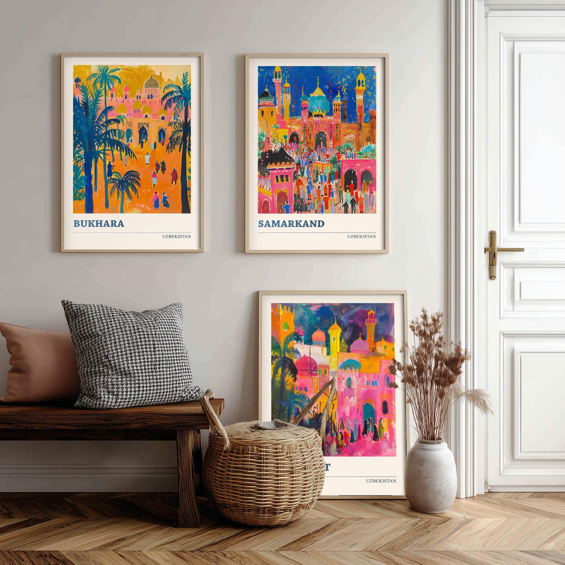 Uzbekistan Bukhara Samarkand Tashkent Set of Three Art Prints | Silk Road Cities Poster | Vibrant Illustration Wall Decor