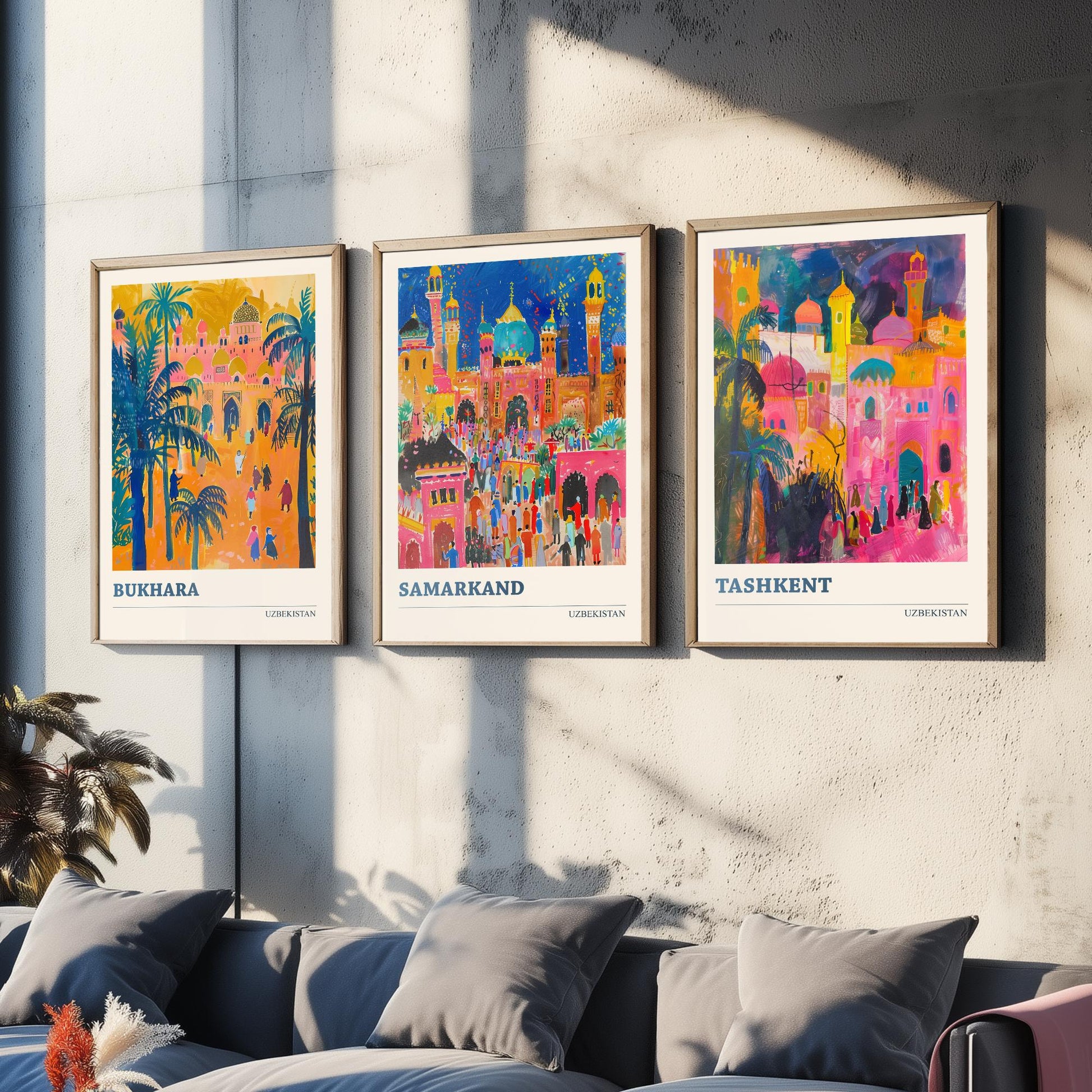 Uzbekistan Bukhara Samarkand Tashkent Set of Three Art Prints | Silk Road Cities Poster | Vibrant Illustration Wall Decor