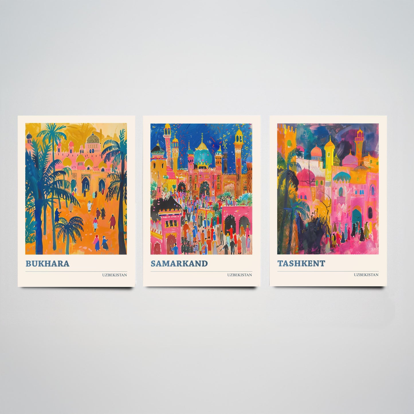 Uzbekistan Bukhara Samarkand Tashkent Set of Three Art Prints | Silk Road Cities Poster | Vibrant Illustration Wall Decor