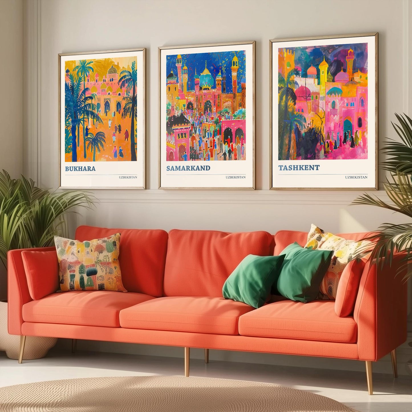 Uzbekistan Bukhara Samarkand Tashkent Set of Three Art Prints | Silk Road Cities Poster | Vibrant Illustration Wall Decor