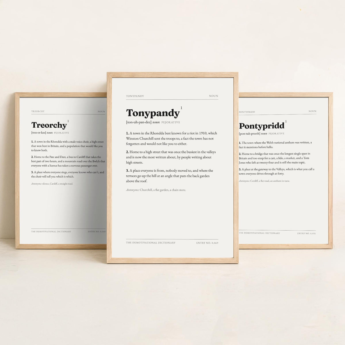 Valleys Demotivational Dictionary Set of Three Art Prints - Treorchy, Pontypridd, Tonypandy - Rhondda Typography Poster
