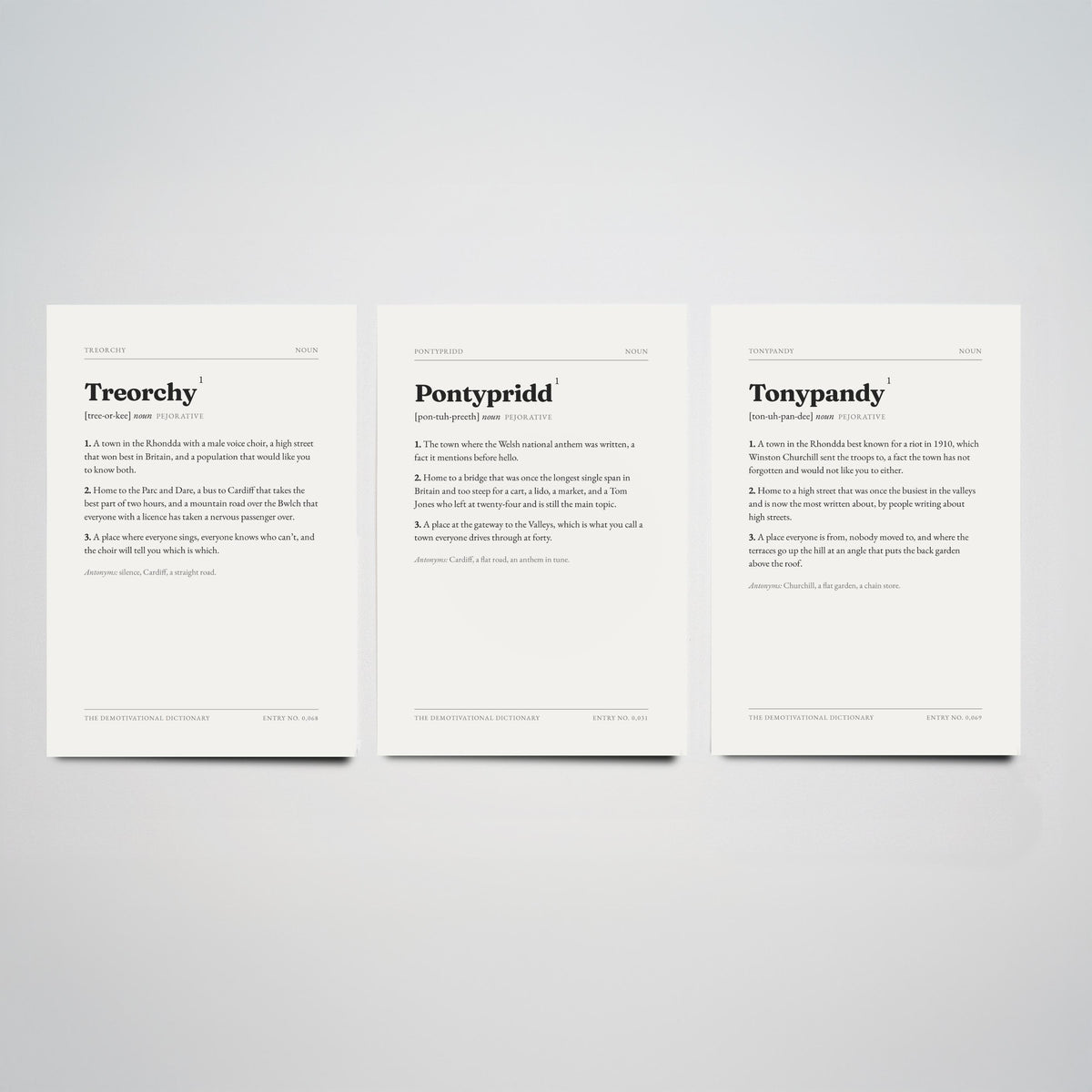 Valleys Demotivational Dictionary Set of Three Art Prints - Treorchy, Pontypridd, Tonypandy - Rhondda Typography Poster