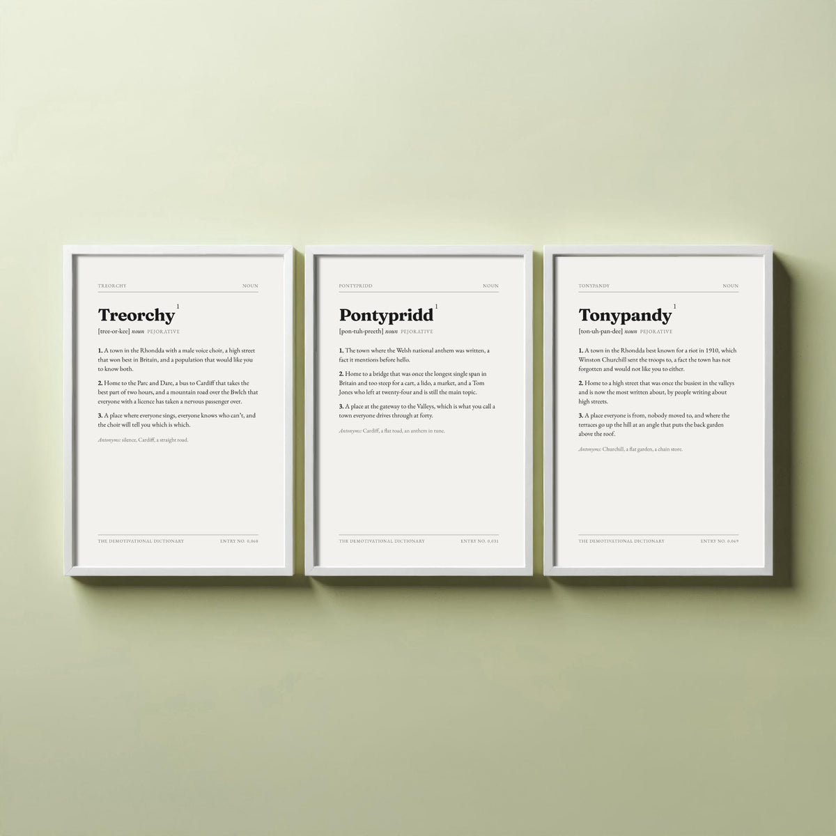 Valleys Demotivational Dictionary Set of Three Art Prints - Treorchy, Pontypridd, Tonypandy - Rhondda Typography Poster