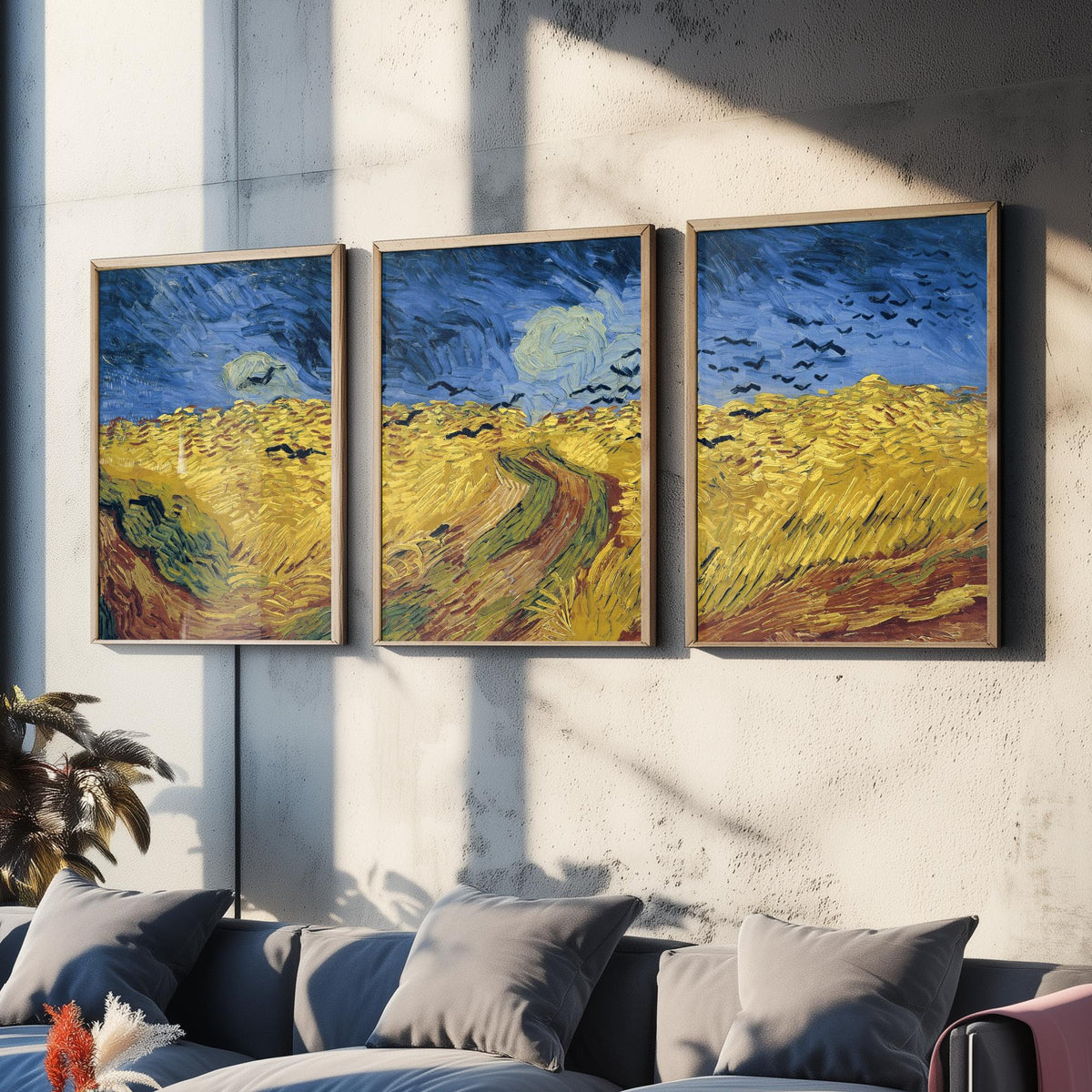 Van Gogh Wheatfield with Crows Set of Three Art Prints - Panoramic Triptych, Stormy Sky, Golden Wheat - Post Impressionist Painting Poster