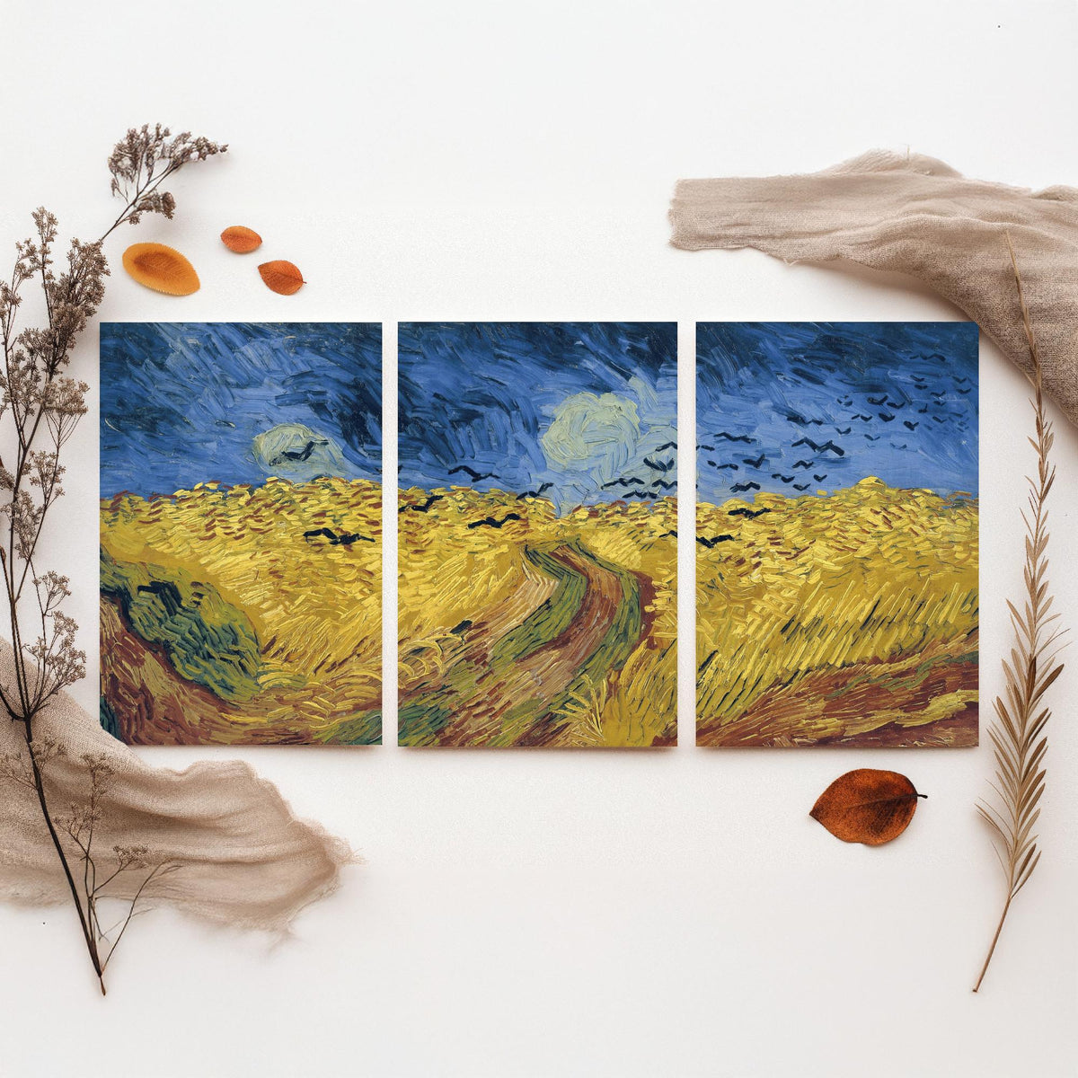 Van Gogh Wheatfield with Crows Set of Three Art Prints - Panoramic Triptych, Stormy Sky, Golden Wheat - Post Impressionist Painting Poster