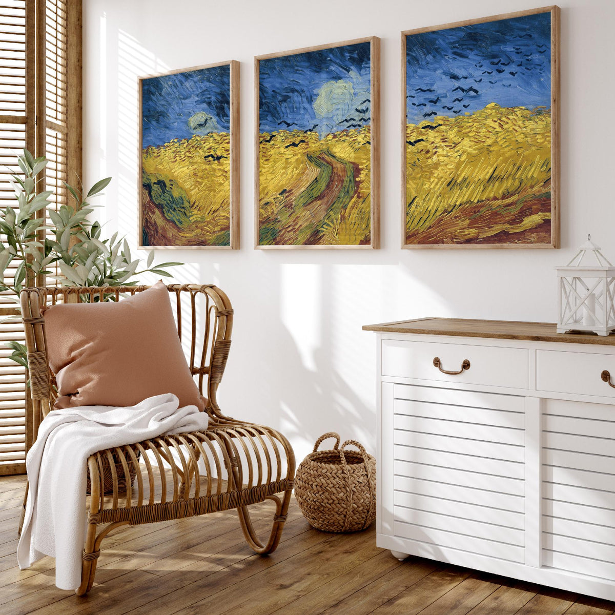 Van Gogh Wheatfield with Crows Set of Three Art Prints - Panoramic Triptych, Stormy Sky, Golden Wheat - Post Impressionist Painting Poster