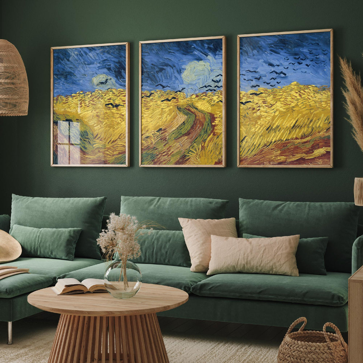 Van Gogh Wheatfield with Crows Set of Three Art Prints - Panoramic Triptych, Stormy Sky, Golden Wheat - Post Impressionist Painting Poster