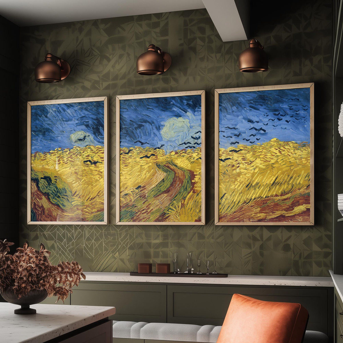 Van Gogh Wheatfield with Crows Set of Three Art Prints - Panoramic Triptych, Stormy Sky, Golden Wheat - Post Impressionist Painting Poster