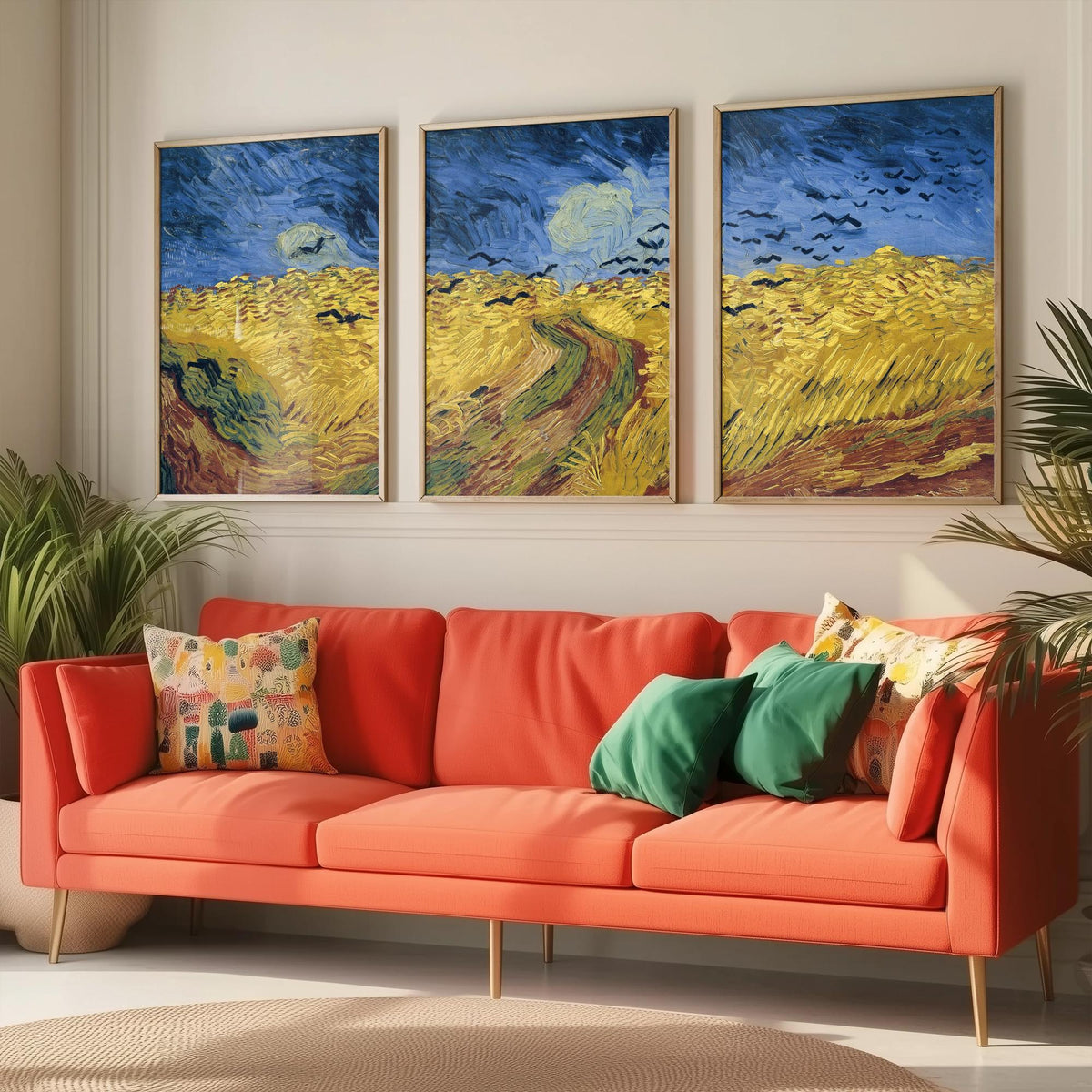 Van Gogh Wheatfield with Crows Set of Three Art Prints - Panoramic Triptych, Stormy Sky, Golden Wheat - Post Impressionist Painting Poster