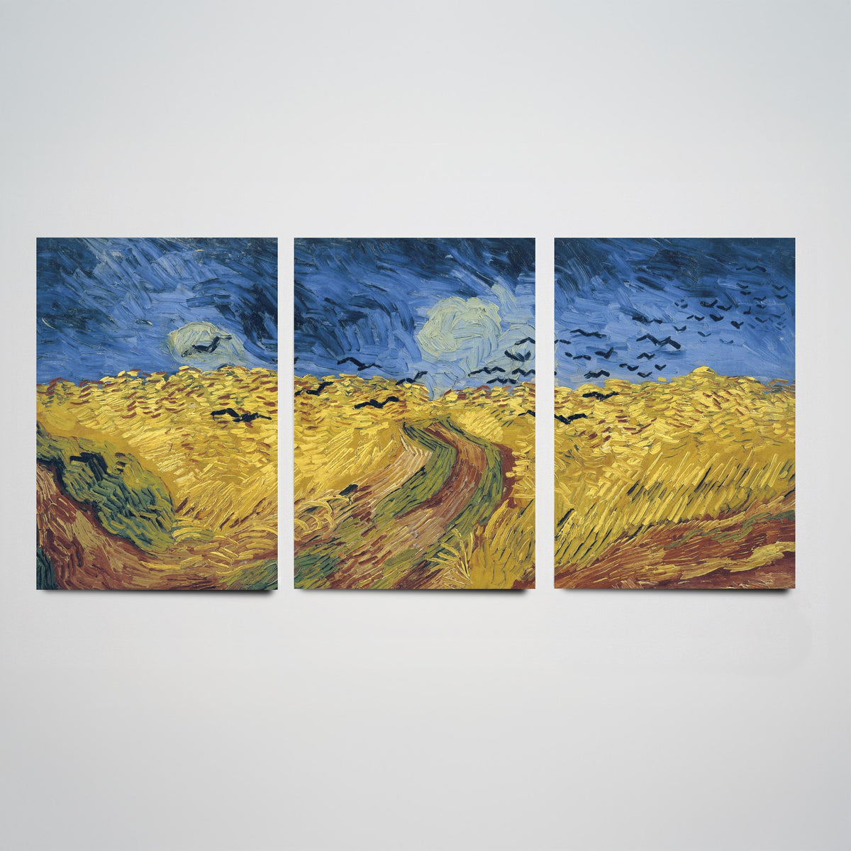 Van Gogh Wheatfield with Crows Set of Three Art Prints - Panoramic Triptych, Stormy Sky, Golden Wheat - Post Impressionist Painting Poster