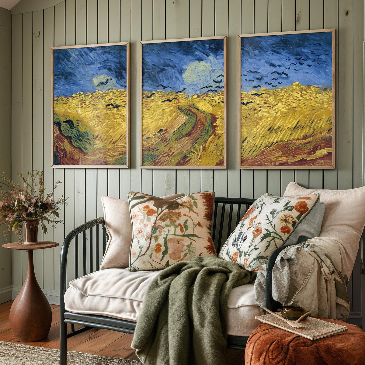 Van Gogh Wheatfield with Crows Set of Three Art Prints - Panoramic Triptych, Stormy Sky, Golden Wheat - Post Impressionist Painting Poster