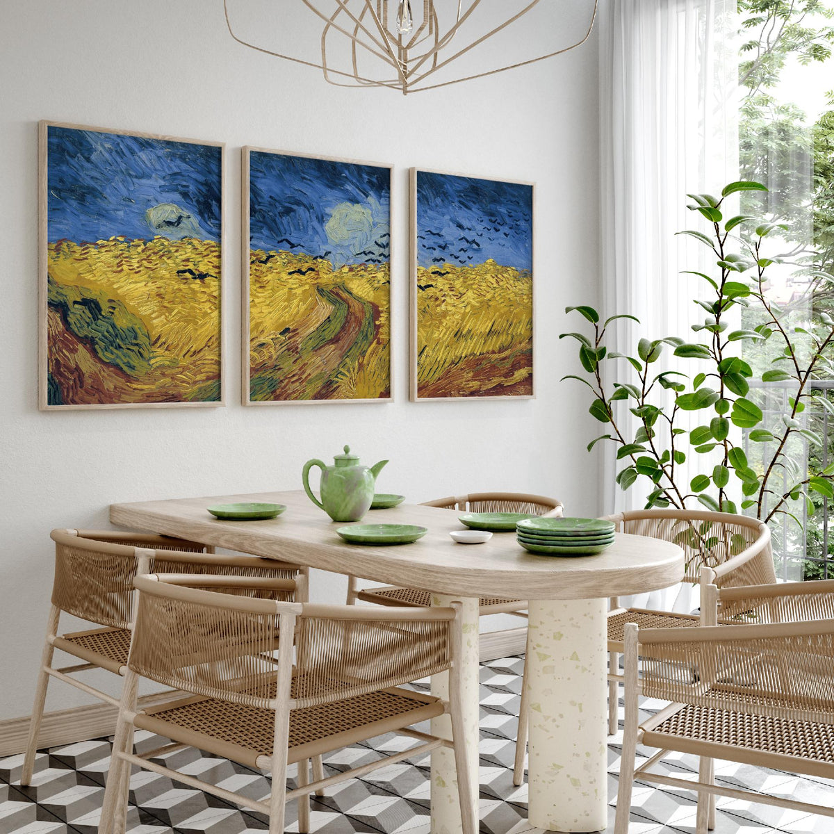 Van Gogh Wheatfield with Crows Set of Three Art Prints - Panoramic Triptych, Stormy Sky, Golden Wheat - Post Impressionist Painting Poster