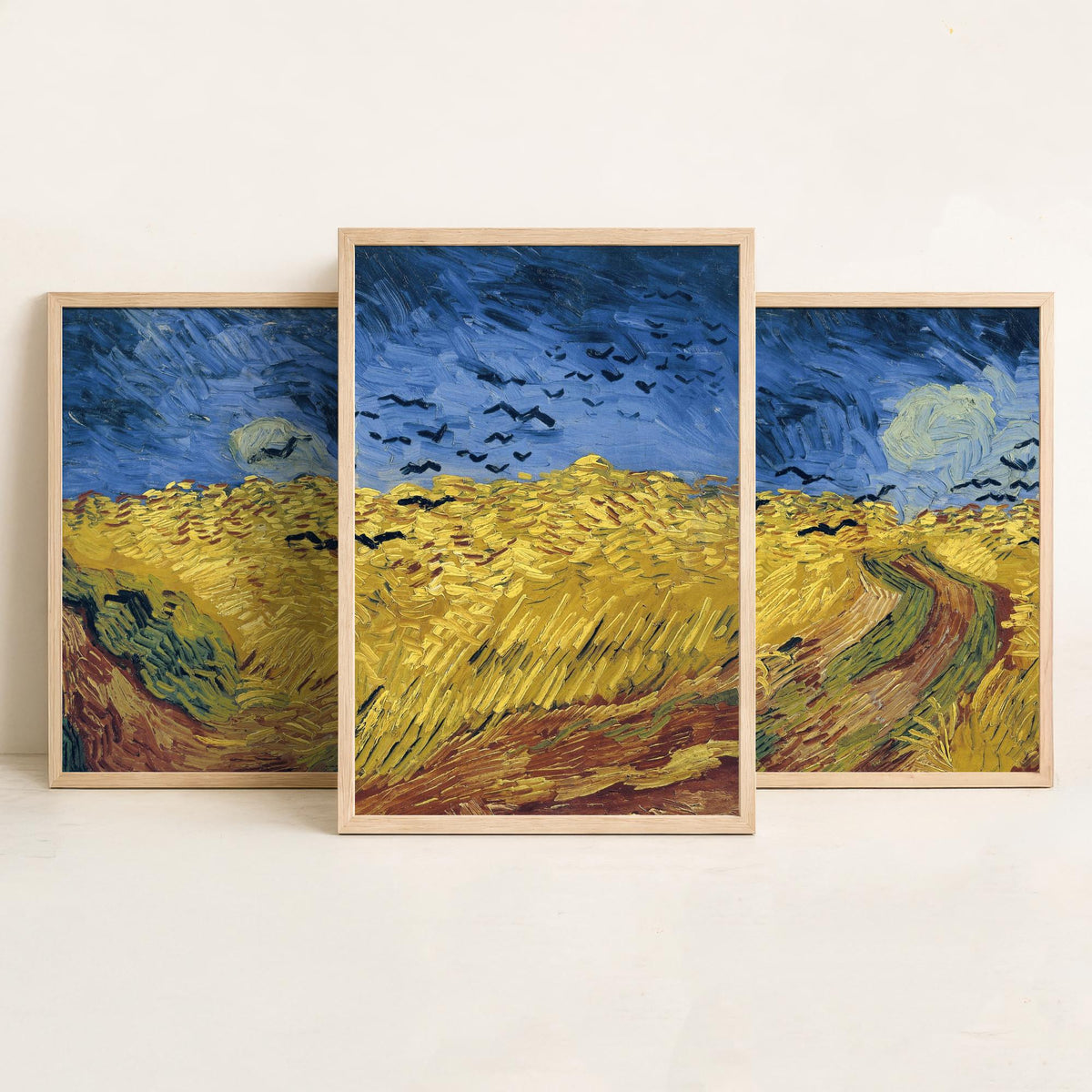 Van Gogh Wheatfield with Crows Set of Three Art Prints - Panoramic Triptych, Stormy Sky, Golden Wheat - Post Impressionist Painting Poster
