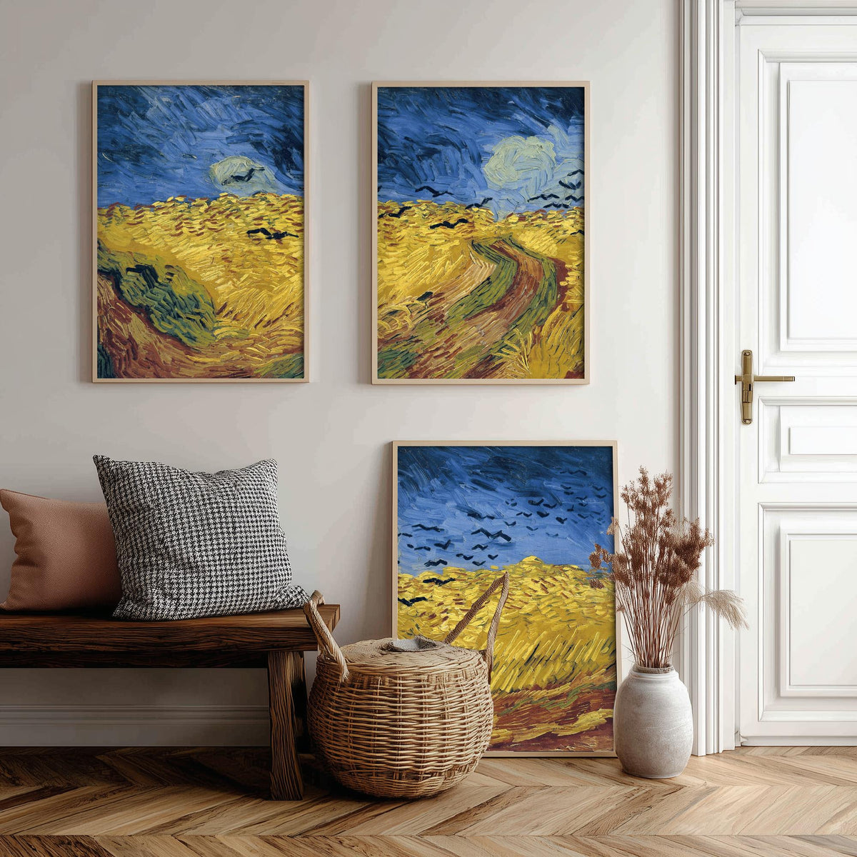 Van Gogh Wheatfield with Crows Set of Three Art Prints - Panoramic Triptych, Stormy Sky, Golden Wheat - Post Impressionist Painting Poster