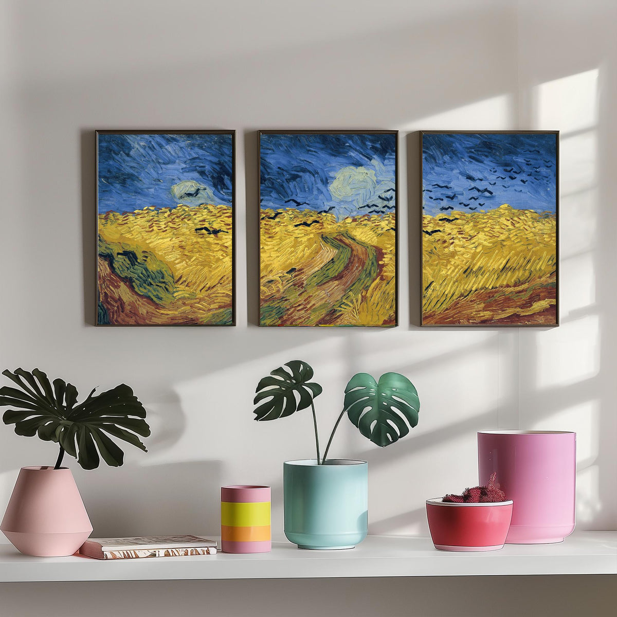 Van Gogh Wheatfield with Crows Set of Three Art Prints - Panoramic Triptych, Stormy Sky, Golden Wheat - Post Impressionist Painting Poster