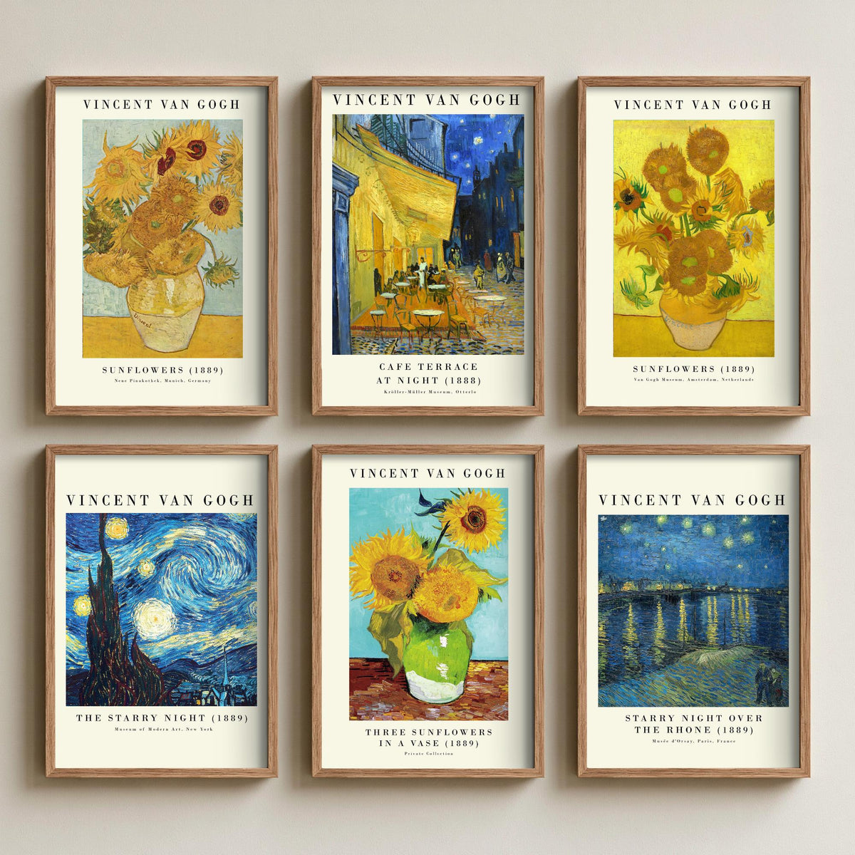 Set of Six Vincent Van Gogh Art Prints - 6 Gallery Posters - Sunflowers, Cafe Terrace at Night, The Starry Night, Over the Rhone Painting