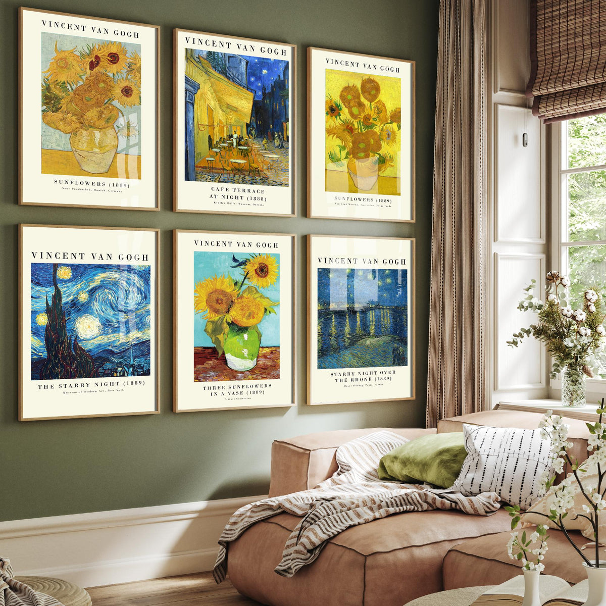 Set of Six Vincent Van Gogh Art Prints - 6 Gallery Posters - Sunflowers, Cafe Terrace at Night, The Starry Night, Over the Rhone Painting