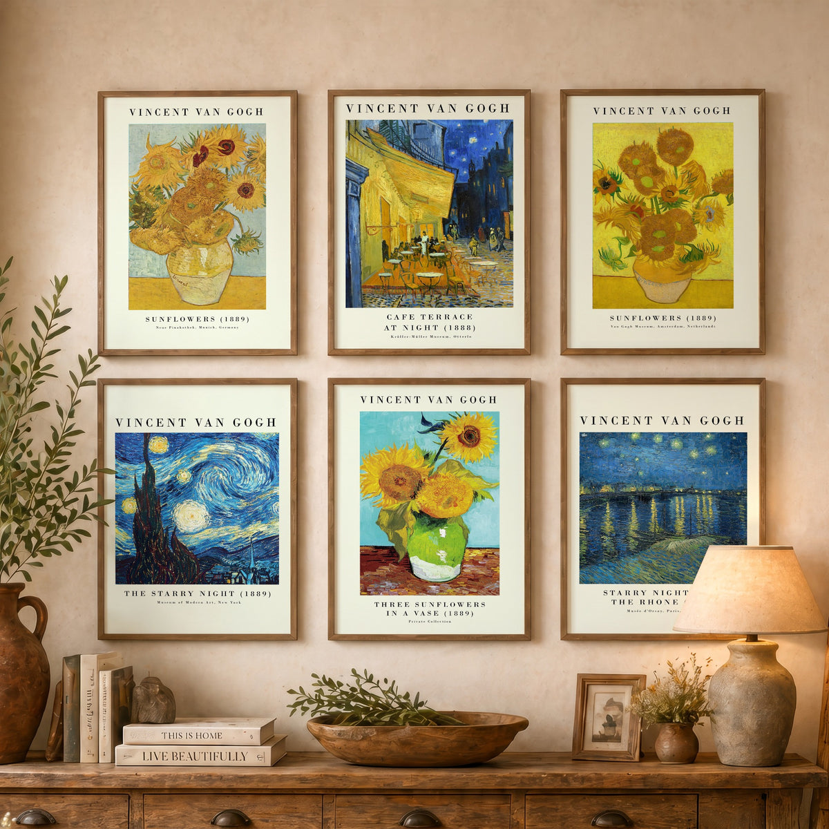 Set of Six Vincent Van Gogh Art Prints - 6 Gallery Posters - Sunflowers, Cafe Terrace at Night, The Starry Night, Over the Rhone Painting