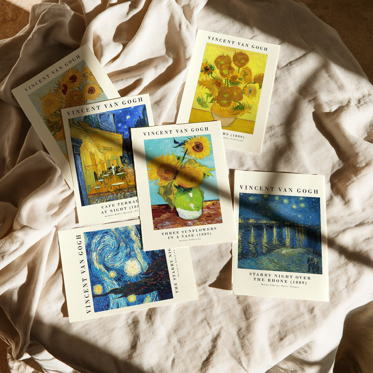 Set of Six Vincent Van Gogh Art Prints - 6 Gallery Posters - Sunflowers, Cafe Terrace at Night, The Starry Night, Over the Rhone Painting