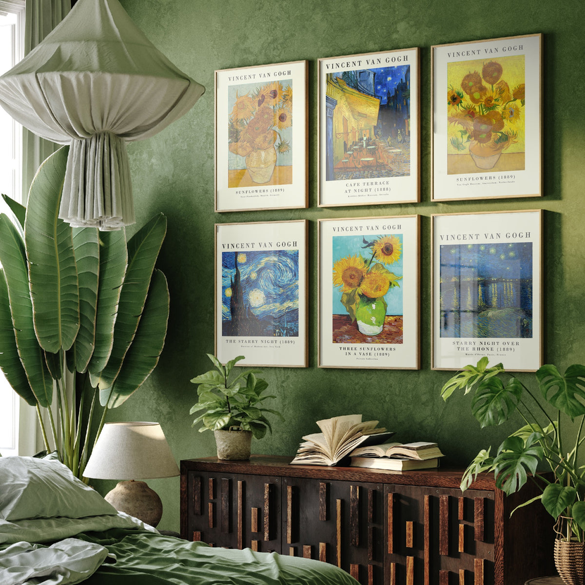 Set of Six Vincent Van Gogh Art Prints - 6 Gallery Posters - Sunflowers, Cafe Terrace at Night, The Starry Night, Over the Rhone Painting