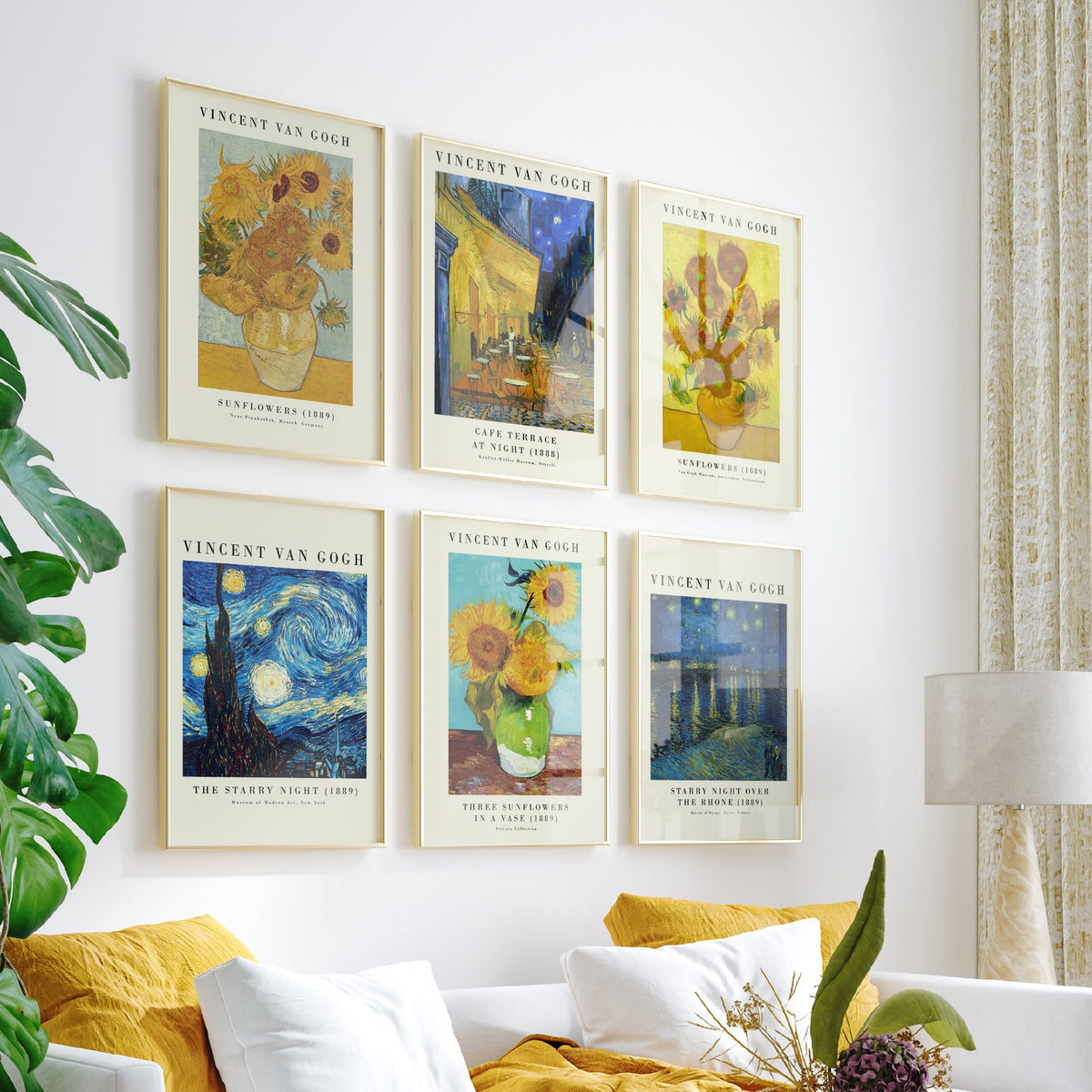Set of Six Vincent Van Gogh Art Prints - 6 Gallery Posters - Sunflowers, Cafe Terrace at Night, The Starry Night, Over the Rhone Painting