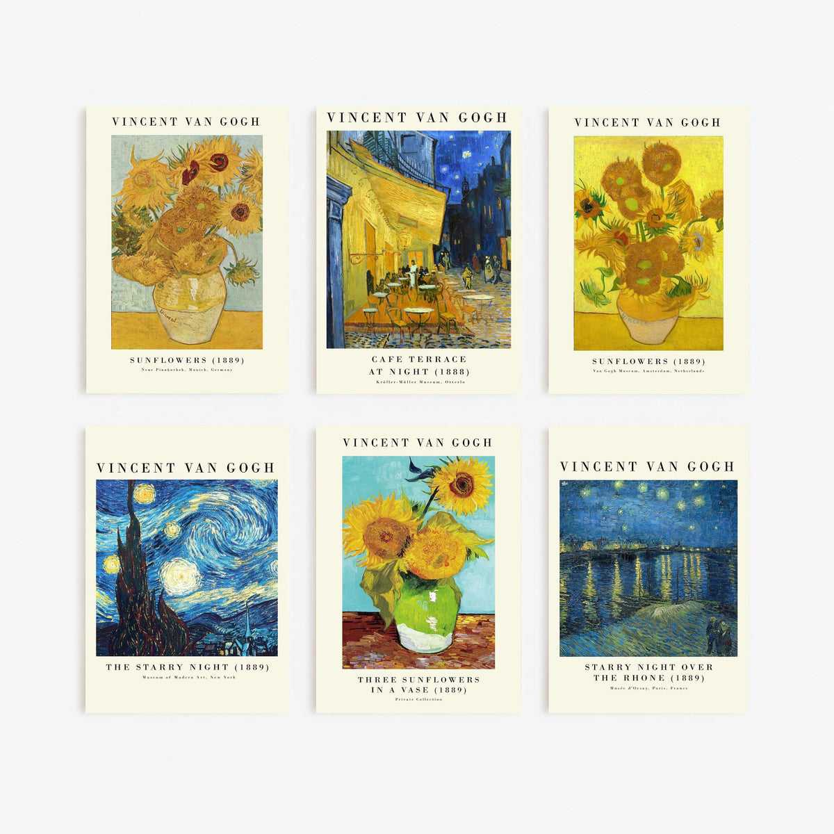 Set of Six Vincent Van Gogh Art Prints - 6 Gallery Posters - Sunflowers, Cafe Terrace at Night, The Starry Night, Over the Rhone Painting