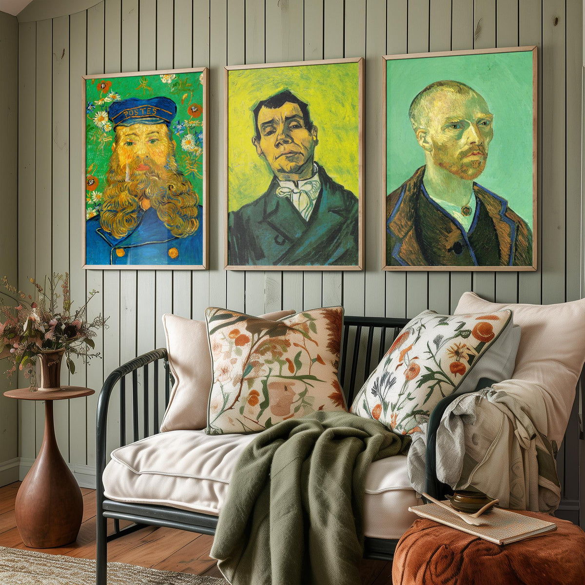 Van Gogh Green Portraits Set of Three Art Prints - Postman Joseph Roulin, Man in a White Cravat, Self Portrait for Gauguin - Poster Painting