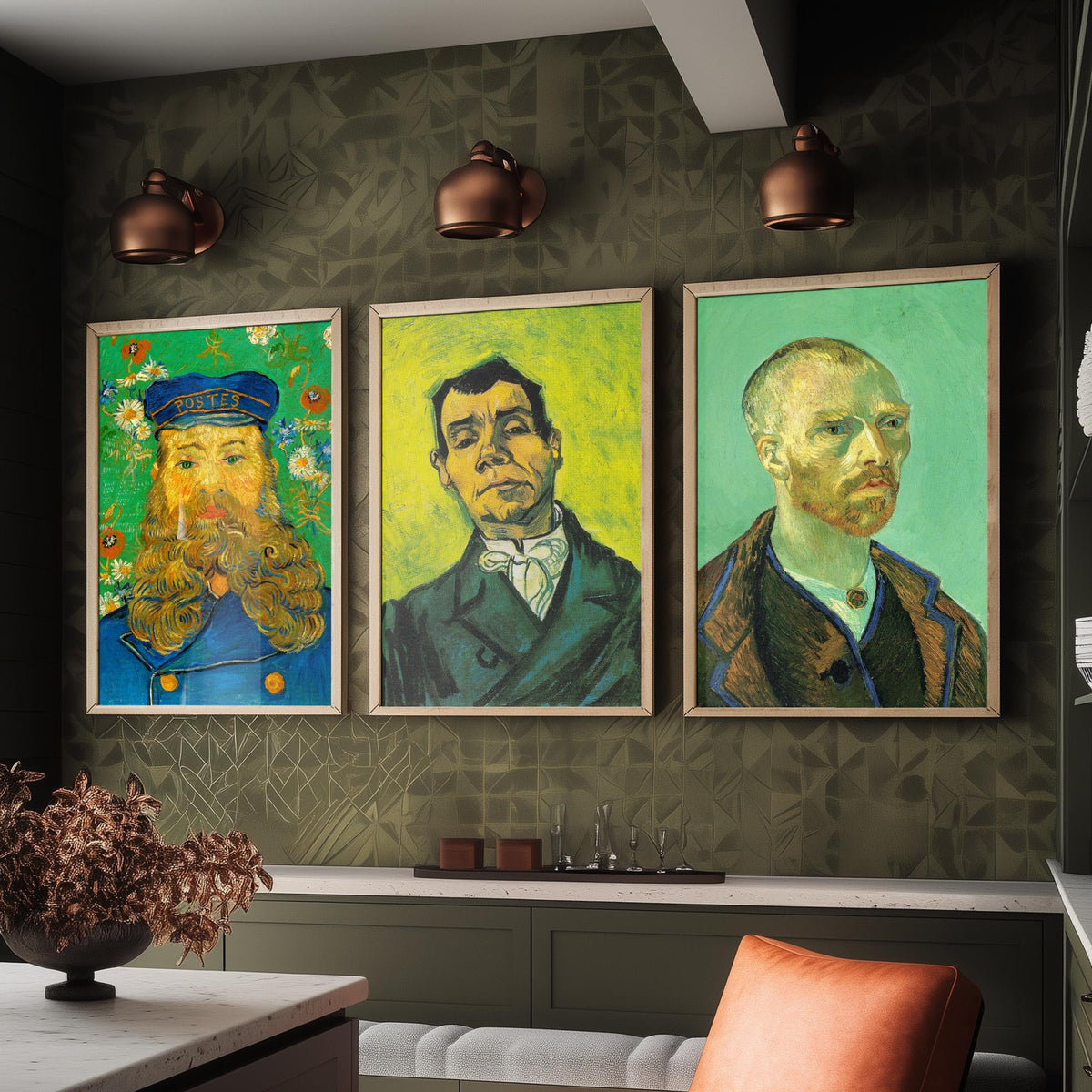 Van Gogh Green Portraits Set of Three Art Prints - Postman Joseph Roulin, Man in a White Cravat, Self Portrait for Gauguin - Poster Painting