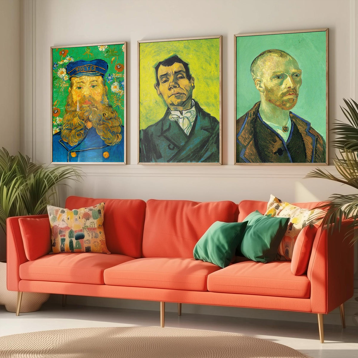 Van Gogh Green Portraits Set of Three Art Prints - Postman Joseph Roulin, Man in a White Cravat, Self Portrait for Gauguin - Poster Painting