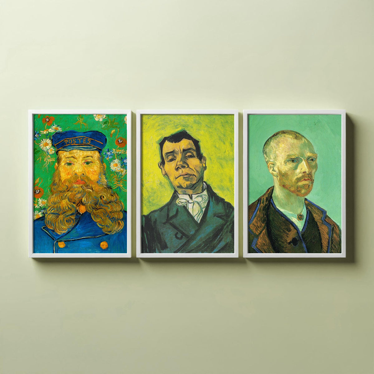 Van Gogh Green Portraits Set of Three Art Prints - Postman Joseph Roulin, Man in a White Cravat, Self Portrait for Gauguin - Poster Painting