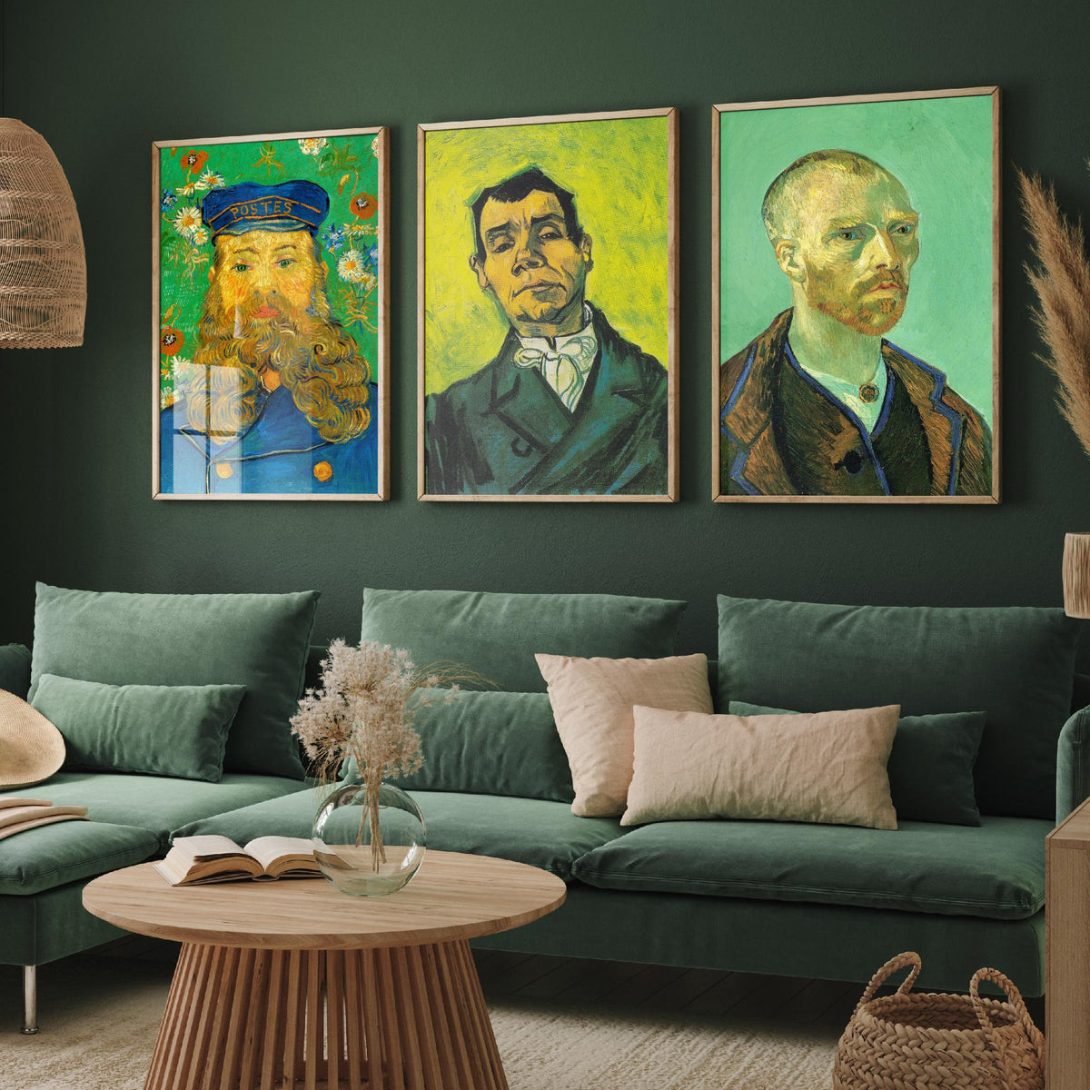 Van Gogh Green Portraits Set of Three Art Prints - Postman Joseph Roulin, Man in a White Cravat, Self Portrait for Gauguin - Poster Painting