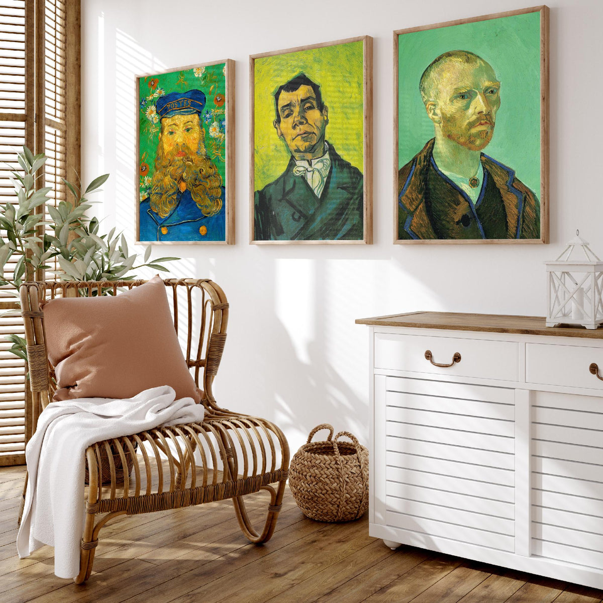 Van Gogh Green Portraits Set of Three Art Prints - Postman Joseph Roulin, Man in a White Cravat, Self Portrait for Gauguin - Poster Painting