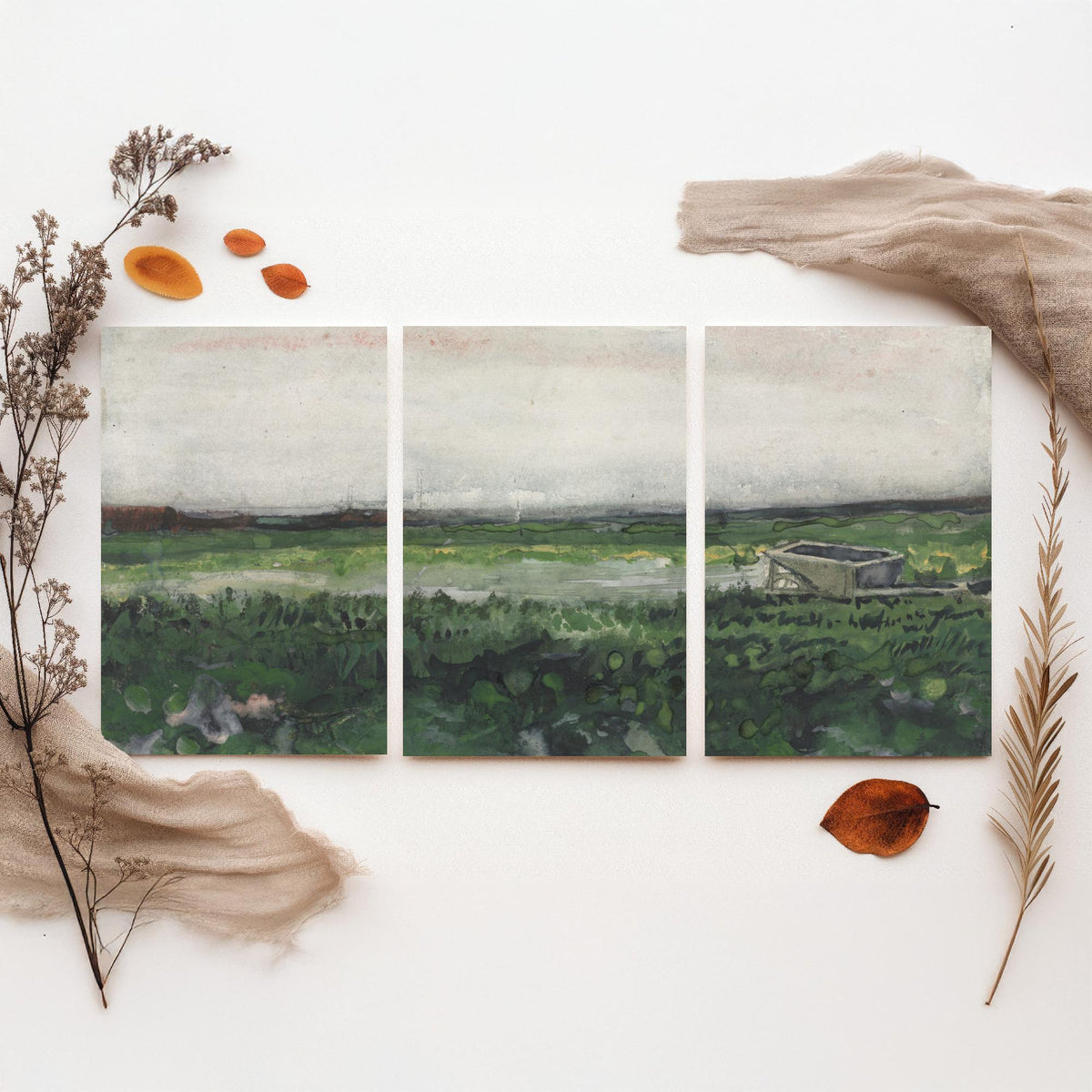 Van Gogh Heath with a Wheelbarrow Set of Three Art Prints - Drenthe Moorland, Grey Sky, Green Heath - Dutch Landscape Watercolour Poster
