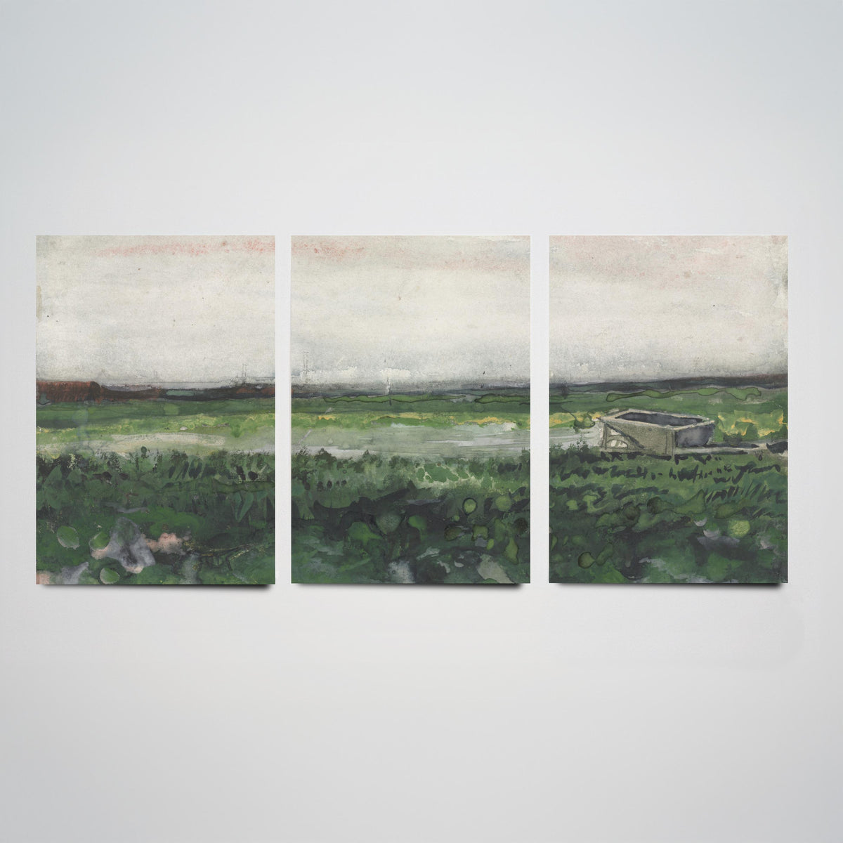 Van Gogh Heath with a Wheelbarrow Set of Three Art Prints - Drenthe Moorland, Grey Sky, Green Heath - Dutch Landscape Watercolour Poster