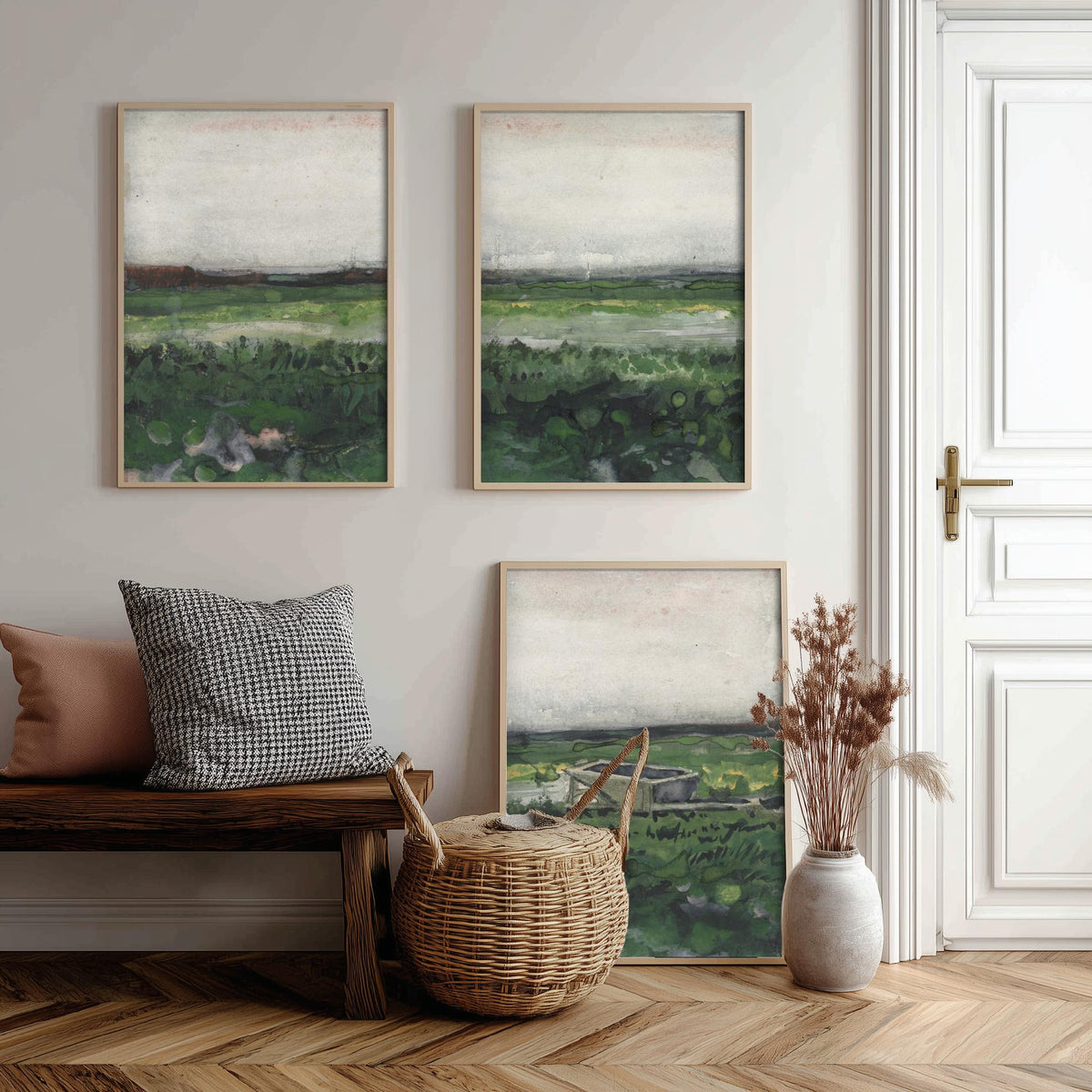 Van Gogh Heath with a Wheelbarrow Set of Three Art Prints - Drenthe Moorland, Grey Sky, Green Heath - Dutch Landscape Watercolour Poster