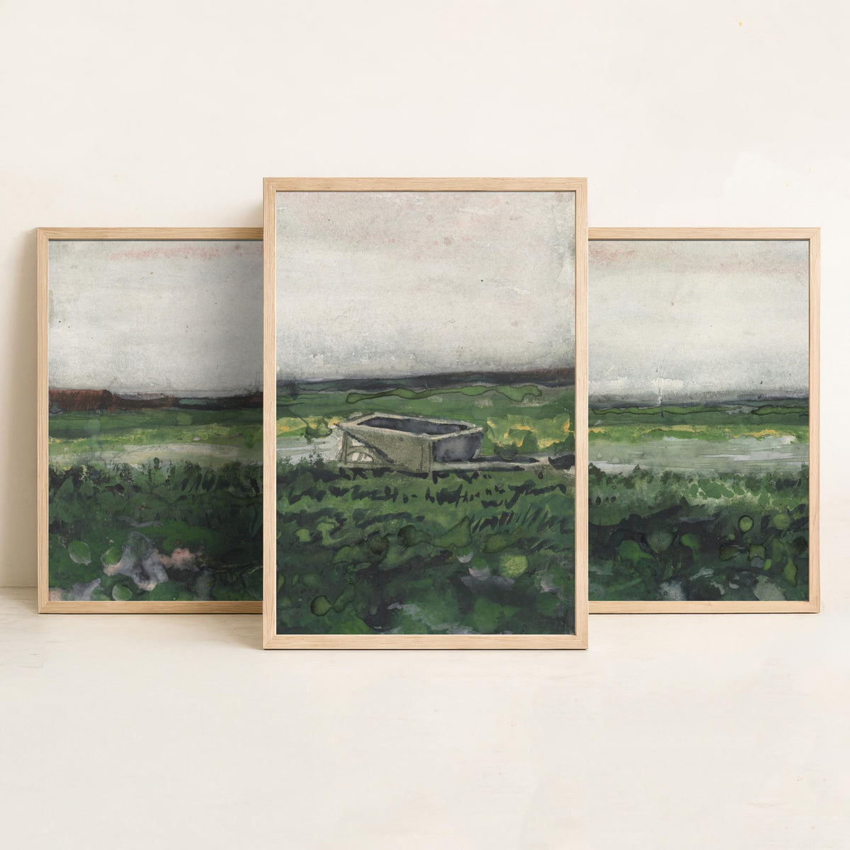 Van Gogh Heath with a Wheelbarrow Set of Three Art Prints - Drenthe Moorland, Grey Sky, Green Heath - Dutch Landscape Watercolour Poster