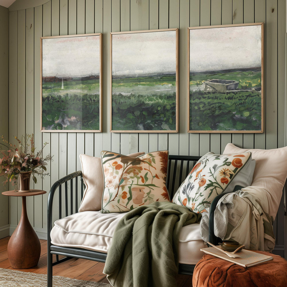 Van Gogh Heath with a Wheelbarrow Set of Three Art Prints - Drenthe Moorland, Grey Sky, Green Heath - Dutch Landscape Watercolour Poster